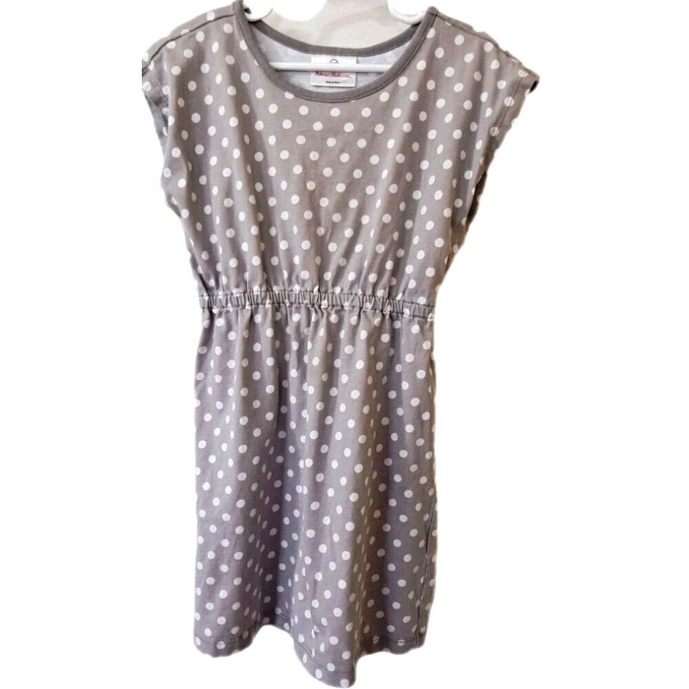 Hanna Anderson Girl's 6/7 Gray Polka-Dot Gueswhat Sleeveless Elastic Waist Dress